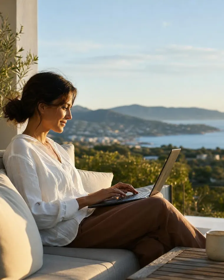 Personne travaillant sur un ordinateur portable depuis une terrasse lumineuse avec vue sur la mer